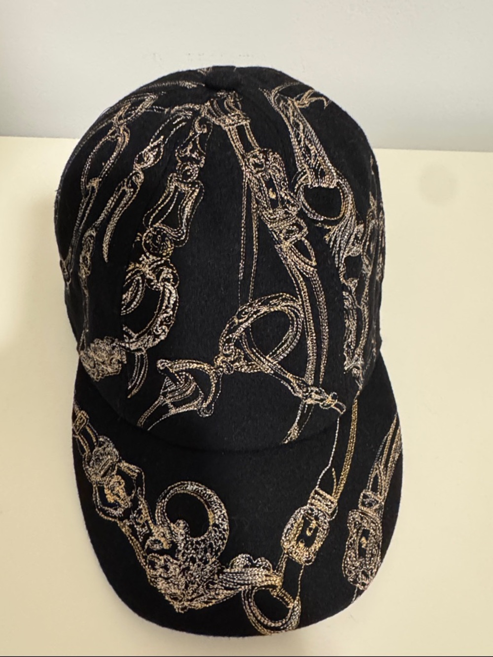 Women’s Hermes Black Cashmere Cap with Embroidered Chain Motif